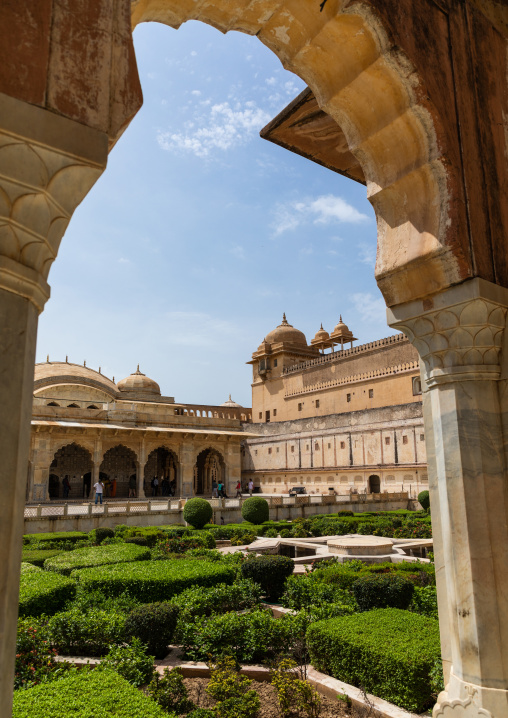 Ornamental garden on terrace at Amer palace, Rajasthan, Amer, India