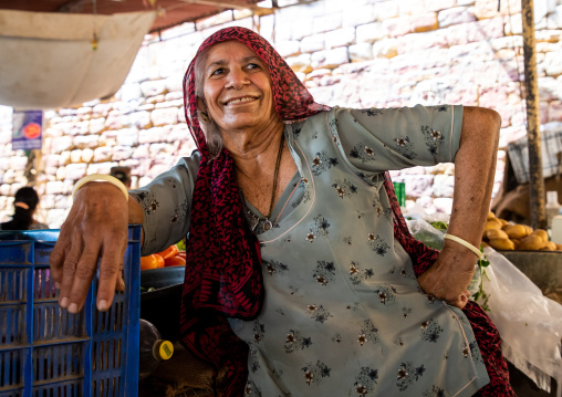 Portrait of rajasthani woman in a market, Rajasthan, Jaisalmer, India