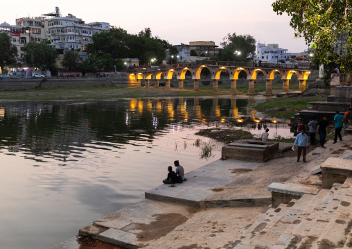 Illuminated bridge on Gangaur ghat, Rajasthan, Udaipur, India