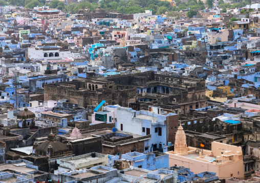Cityscape with old blue houses brahmins under the fort, Rajasthan, Bundi, India