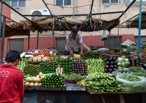 Indian man selling vegetables in a market, Rajasthan, Bikaner, India