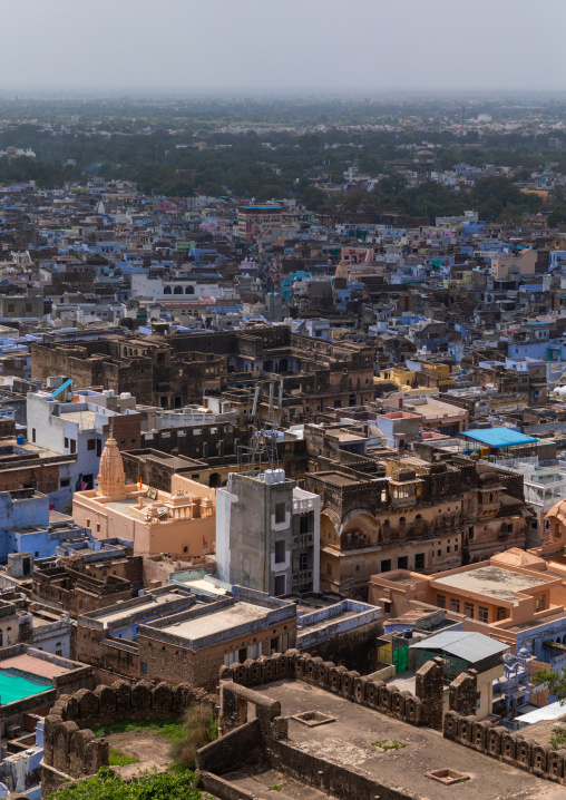 View of the city with the blue brahmin houses, Rajasthan, Bundi, India