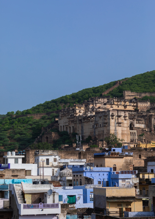 Cityscape with old blue houses brahmins under the fort, Rajasthan, Bundi, India