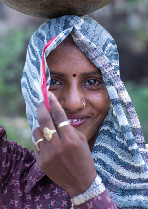 Portrait of a smiling rajasthani woman in traditional sari, Rajasthan, Baswa, India