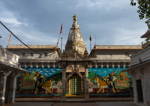 Indian temple with murals depicting tigers, Rajasthan, Jodhpur, India