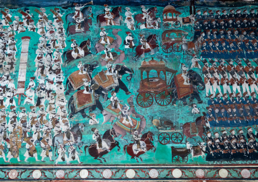Taragarh fort murals depicting warrior men, Rajasthan, Bundi, India