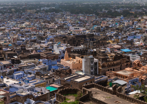 View of the city with the blue brahmin houses, Rajasthan, Bundi, India