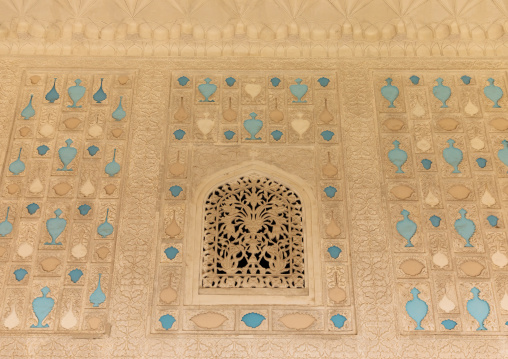 Window in Amer fort and palace, Rajasthan, Amer, India