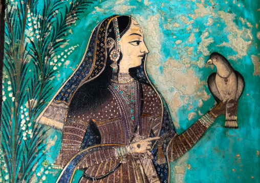 Taragarh fort murals depicting an indian woman with a dove, Rajasthan, Bundi, India