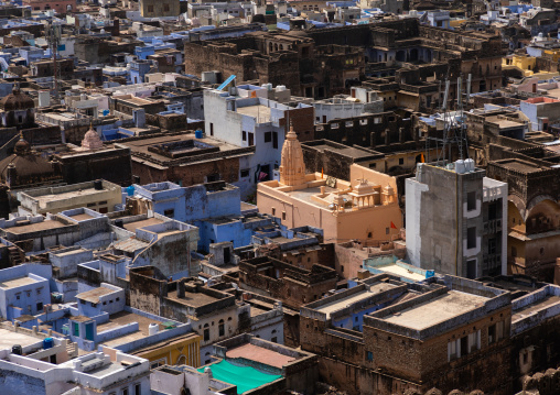 View of the city with the blue brahmin houses, Rajasthan, Bundi, India