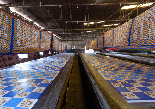 Textiles being printed inside a saree factory, Rajasthan, Sanganer, India