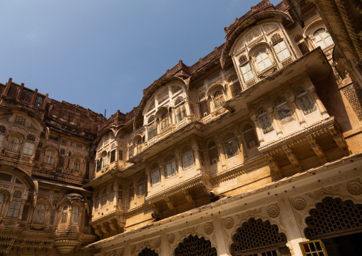Decorated carved windows in Mehrangarh fort, Rajasthan, Jodhpur, India