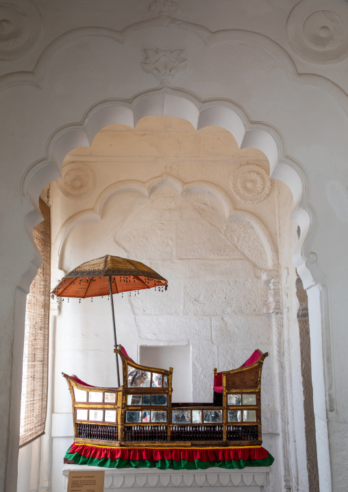 Seats with umbrella in Mehrangarh fort, Rajasthan, Jodhpur, India