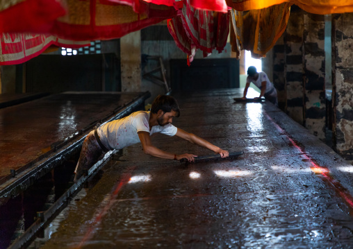 Textiles being printed inside a saree factory, Rajasthan, Sanganer, India