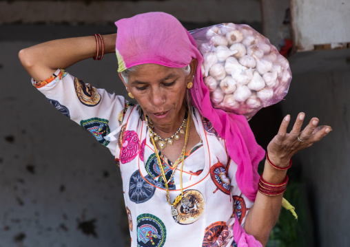 Portrait of rajasthani woman carrying garlics, Rajasthan, Jaisalmer, India