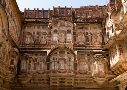 Decorated carved windows in Mehrangarh fort, Rajasthan, Jodhpur, India
