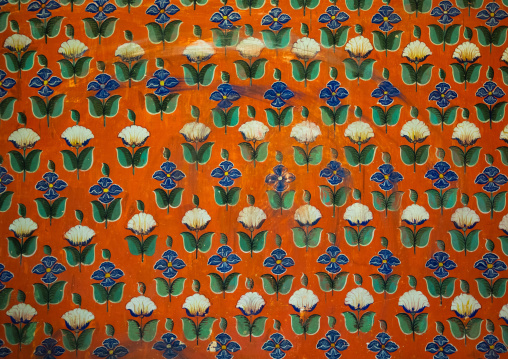 Flowers painted on a ceiling in the city palace, Rajasthan, Udaipur, India