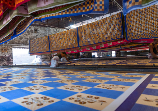 Textiles being printed inside a saree factory, Rajasthan, Sanganer, India