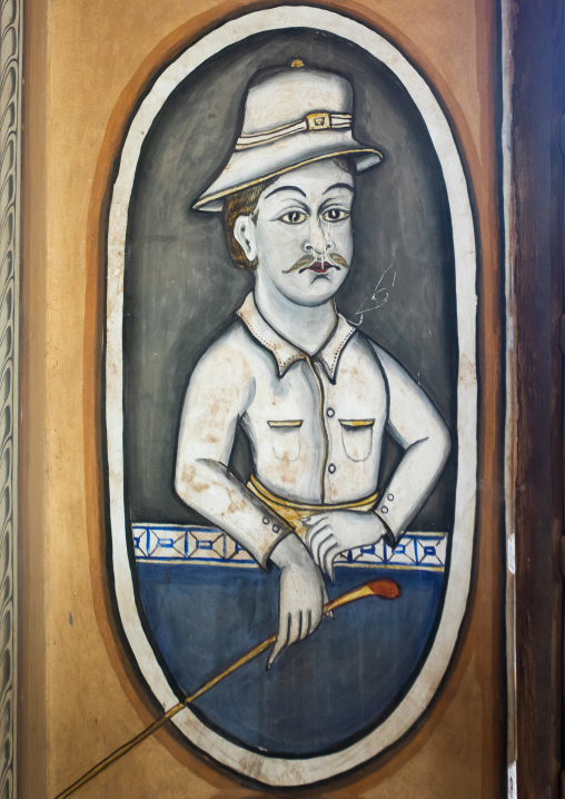 Wall paintings depicting a rich indian man on an old haveli, Rajasthan, Nawalgarh, India