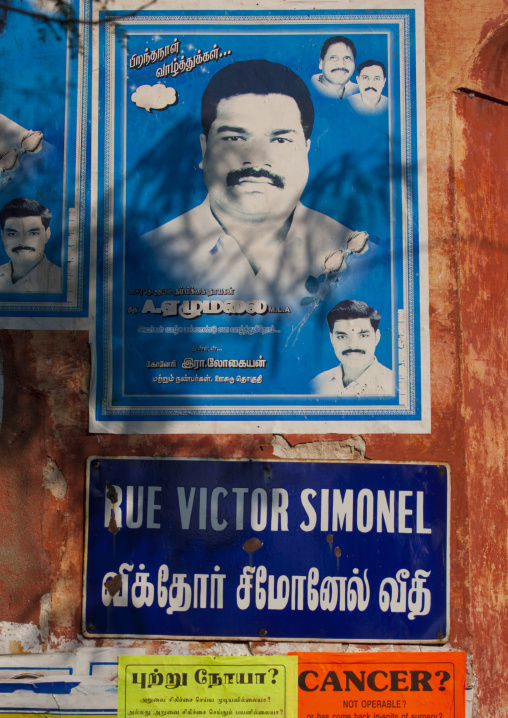 Posters On A Wall In Victor Simonel Street In The French Quarter, Pondicherry, India