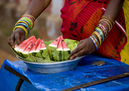 Watermelon Seller Wearing A Lot Of Bracelets, Madurai, India