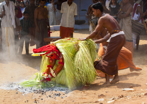 Theyyam Artist Performing Ritual With Leafs And Ashes In Front Of The Audience, Thalassery, India