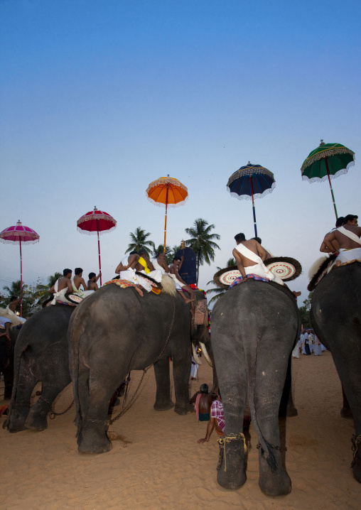 Row Of Decorated Elephants Ridden By Priests Holding Colorful Parasol During Jagannath Temple Festival, Thalassery, India