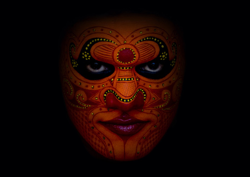 Man With Traditional Makeup On His Face For Theyyam Ceremony, Thalassery, India