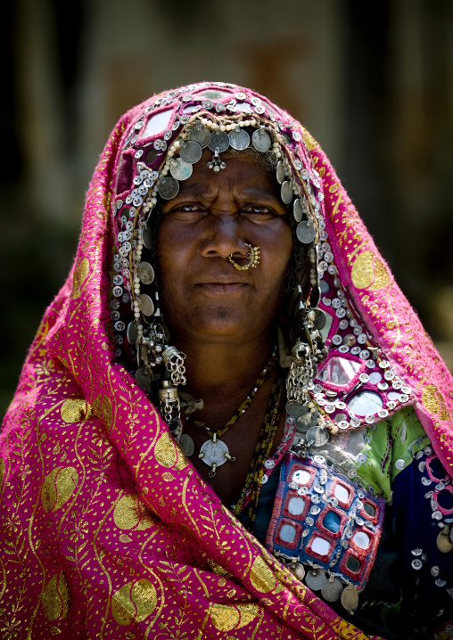 Indian Gipsy From Goa With Adorned Veil And Nose Ring Frowning, Mysore,india