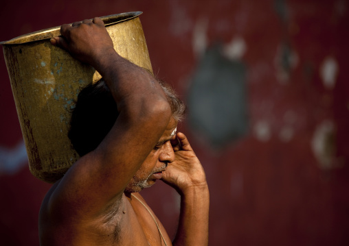 Man With Painting On His Forehead Carrying A Jar On His Shoulder, Mysore, India