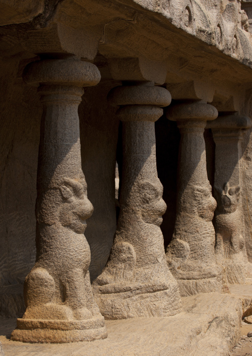 Carved Stones Pillars Of The Bhima Ratha In The Five Rathas Temple, Mahabalipuram, India