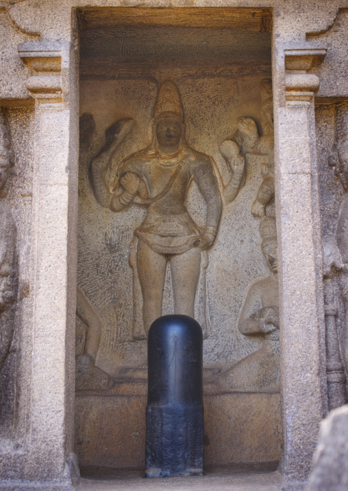 Carving Of The Goddess Durga-korravai On A Bas-relief In Front Of Shiva Lingam At Trimurti Mandapam, Mahabalipuram, India