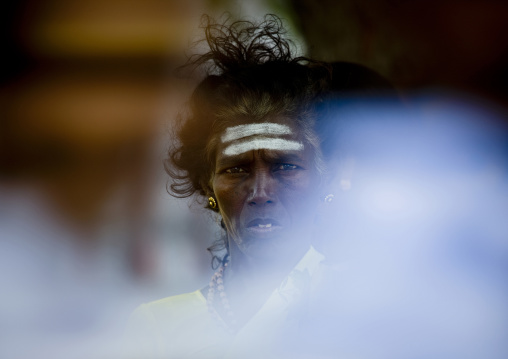 Mysterious Woman With Traditional Painting On Her Forehead Crossing The Street In India, Trichy