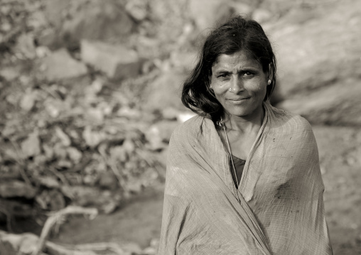 Indian Mature Woman Wrapped In A Scarf With A Little Smile, Madurai, India