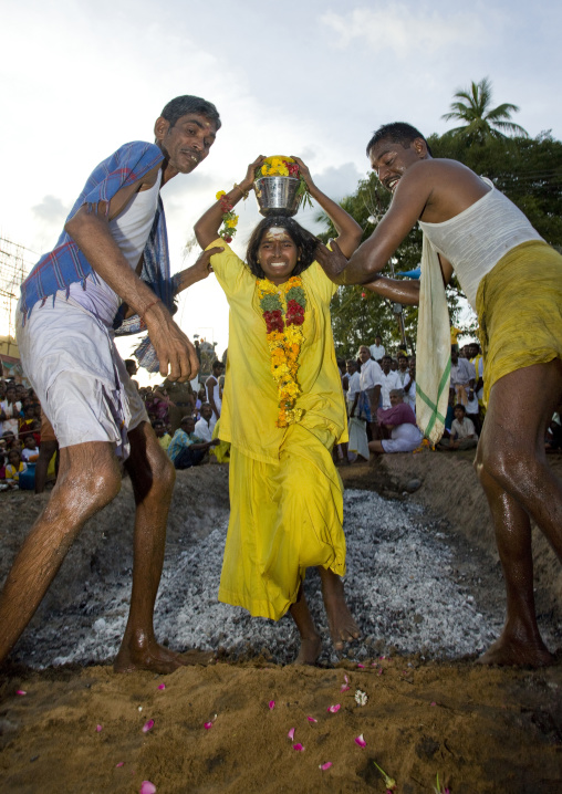 Suffering Young Woman With Flower Offerings Succeeding Fire Walking Ritual, Madurai, South India