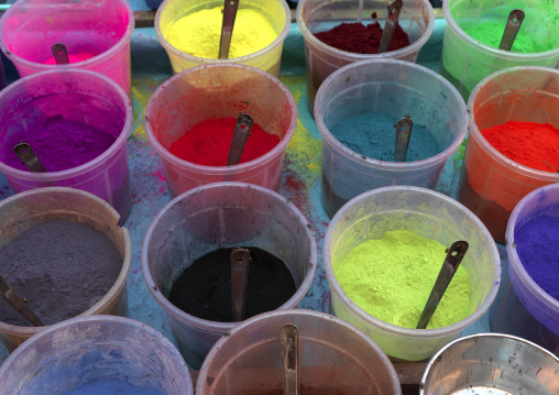 Several Buckets Of Coloured Powders For Holi, Pondicherry, India