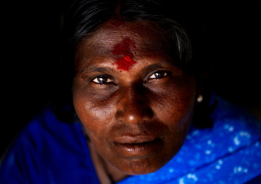 Mature Indian Woman With Red Spot On Her Forehead, Madurai, India