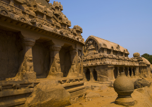 Rear View Of Rock Cuts Dharmaraja, Bhima And Arjuna Rathas Temple, Mahabalipuram, India