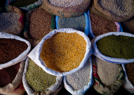 Various Range Of Seeds Stored In Bags At Pondicherry Market, India