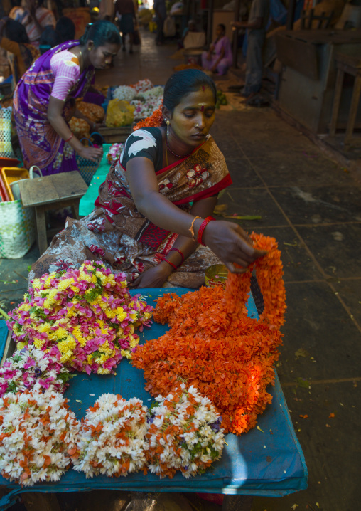 Flowers Sellers Installing Their Products At Pondicherry Flower Market, India