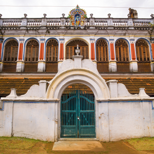 Padlocked Portal At The Entrance Of A Colorful Chettiar Mansion With Religious Carvings On The Top, Kanadukathan Chettinad, India