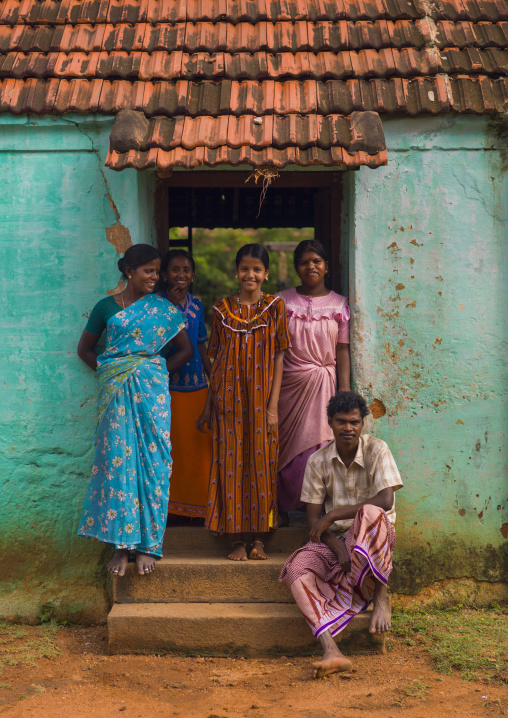 Group Of Smiling Indian Posing In Front Of Their House On The Doorstep, Kanadukathan Chettinad, India