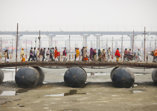 Pilgrims Crossing A Bridge, Maha Kumbh Mela, Allahabad, India