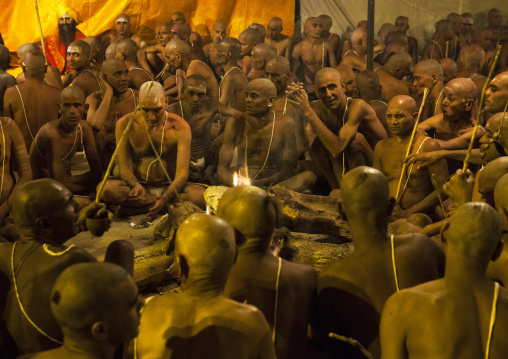 Young Men Becoming Naga Sadhu, Maha Kumbh Mela, Allahabad, India