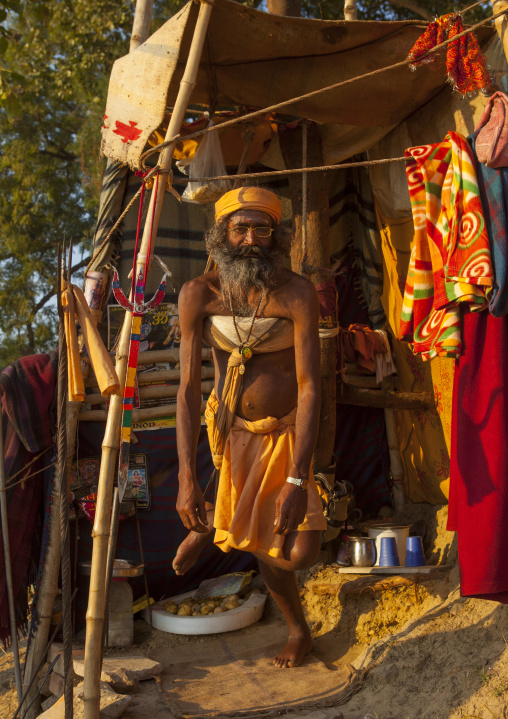 Naga Sadhu Standing On One Leg For One Year, Maha Kumbh Mela, Allahabad, India