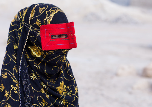 a bandari woman wearing a traditional mask called the burqa, Qeshm Island, Salakh, Iran