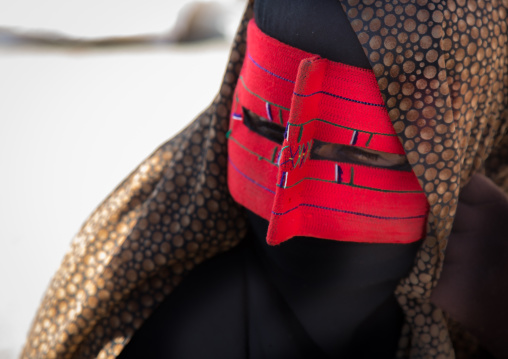 a bandari woman wearing the traditional mask called the burqa on a market, Hormozgan, Bandar Abbas, Iran