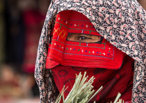 a bandari woman wearing a traditional mask called the burqa at panjshambe bazar thursday market, Hormozgan, Minab, Iran