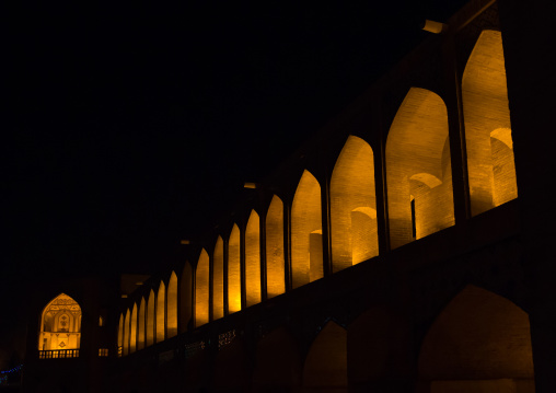 a view of the khaju bridge at night highlighting the arches, Isfahan Province, isfahan, Iran