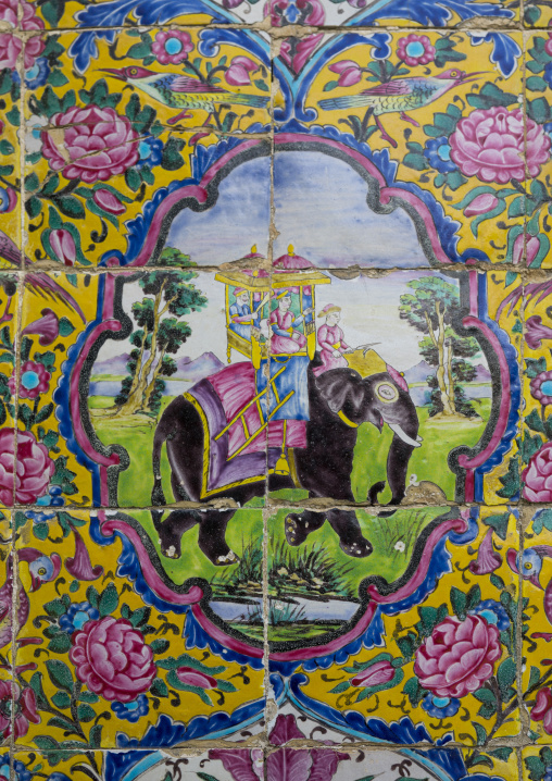 Colourful hand-painted tiles at the narenjestan house and gardens, Fars province, Shiraz, Iran